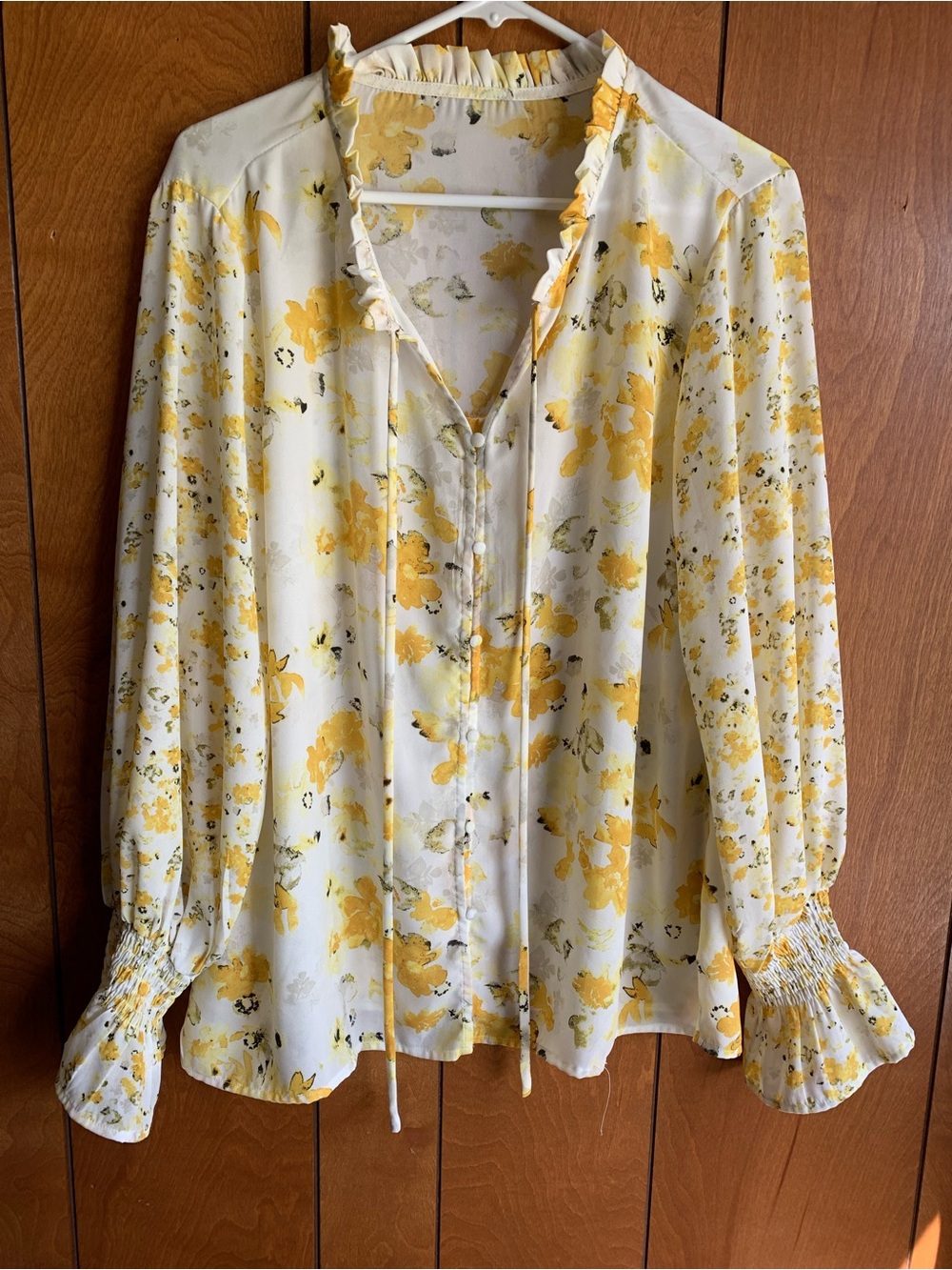 Women's Yellow Floral Ruffle Tie-Neck Blouse XL EUC